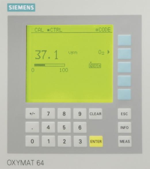 OXYMAT 64 General information LED backlit graphic display and membrane keyboard with noticeable click Status line to display the analyzer status (programmable) Two code levels according to NAMUR