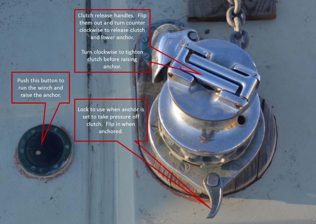 Steps to lower anchor: 1. To lower the anchor make sure the lock is flicked out and the anchor and chain are unencumbered. 2. Flip the clutch handles out and make sure the lock hook is flipped out. 3.