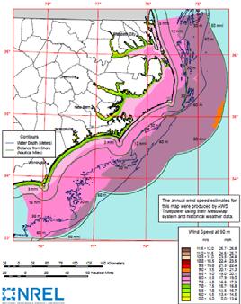 Offshore Potential in North Carolina An estimate of the offshore wind energy potential for North Carolina: Considering waters within 50nm of shore Assumes one 5MW turbine per km 2 Wind Speed [m/s]