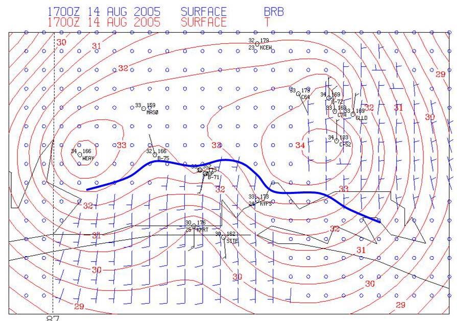 Figure 39. Surface analysis at 7 UTC for 4 August 2005. The location of the sea breeze front is indicated by the solid blue line.