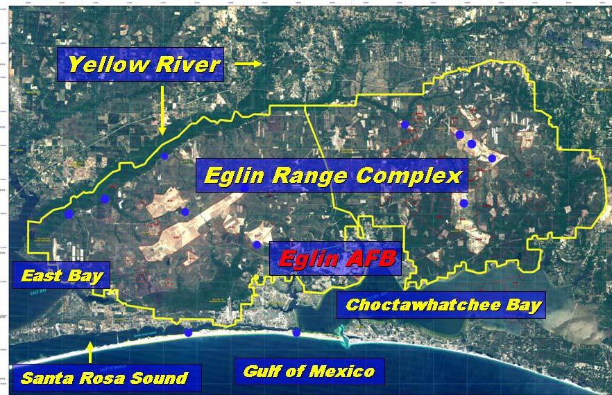 Figure 8. The Eglin Range Complex covers approximately 720 square miles. It is bordered along the north by rivers and on the east by creeks.