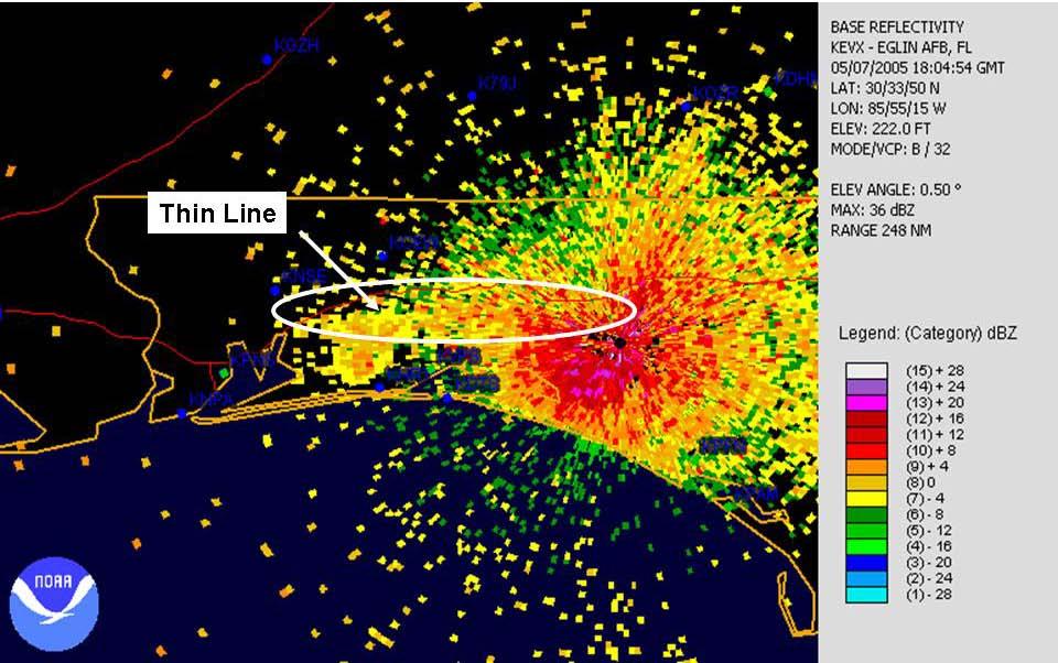 developed between the sea breeze front and the coastline, which explains the increasing strength of the thin line seen on radar. Figure 8.