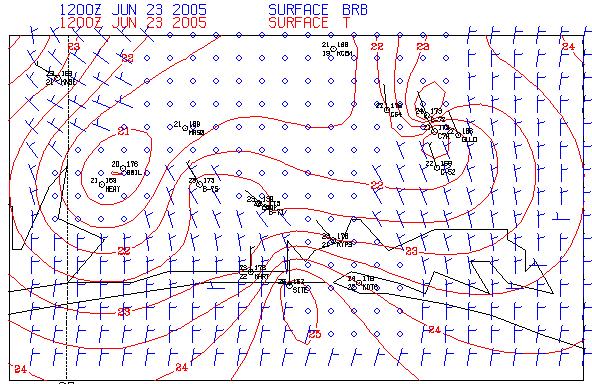 Figure 2. Surface analysis at 2 UTC for 23 June 2005, an offshore flow day. Isotherms ( C) are in red contoured every half degree and winds (full barb 5, half-barb 2.