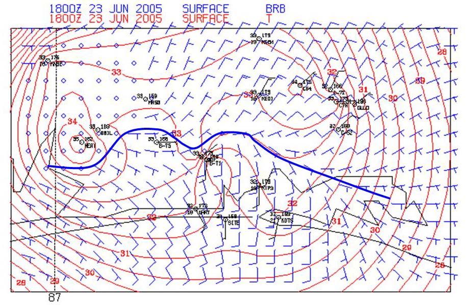 Eglin the synoptic-scale flow is more offshore and west of Hulbert Field (KHRT) the flow is parallel to the coast.