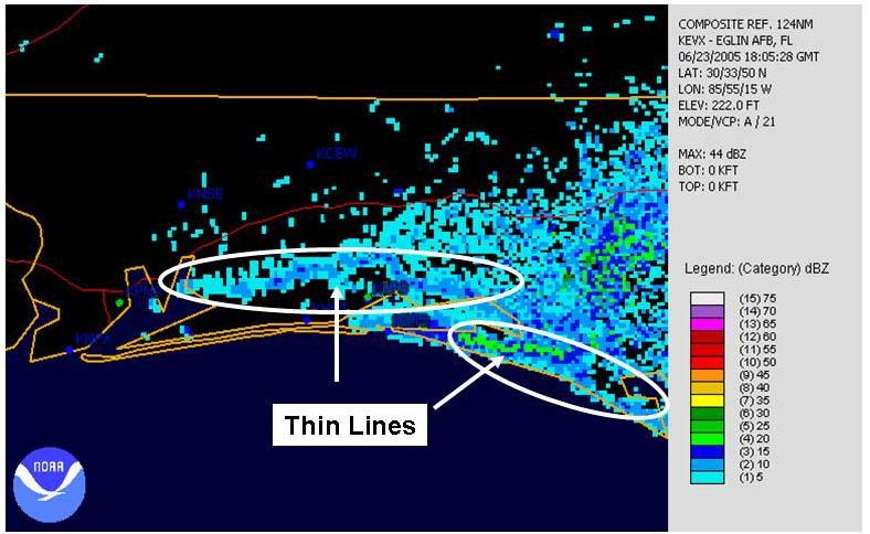 thin line on the Eglin Range Complex, indicating a stronger sea breeze front in the presence of the offshore flow. Figure 23.