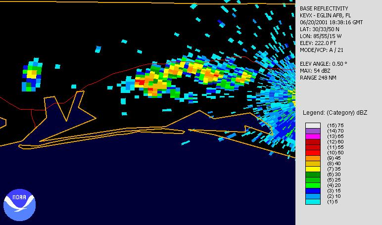 Figure 28. 830 UTC base reflectivity product from 20 June 200. Thunderstorms formed along the sea breeze front 20 km inland. (From Ref. National Climatic Data Center, http://www.ncdc.noaa.