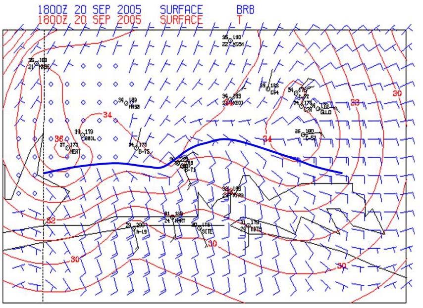Figure 32. Surface analysis at 8 UTC for 20 September 2005. The sea breeze front penetrated 0 km inland and intensified as indicated by the intensifying thermal gradient at the coast.
