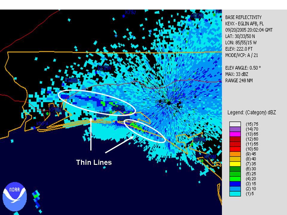 Figure 34. 20 UTC 20 September 2005 KEVX base reflectivity product illustrating the thin line associated with the sea breeze front.