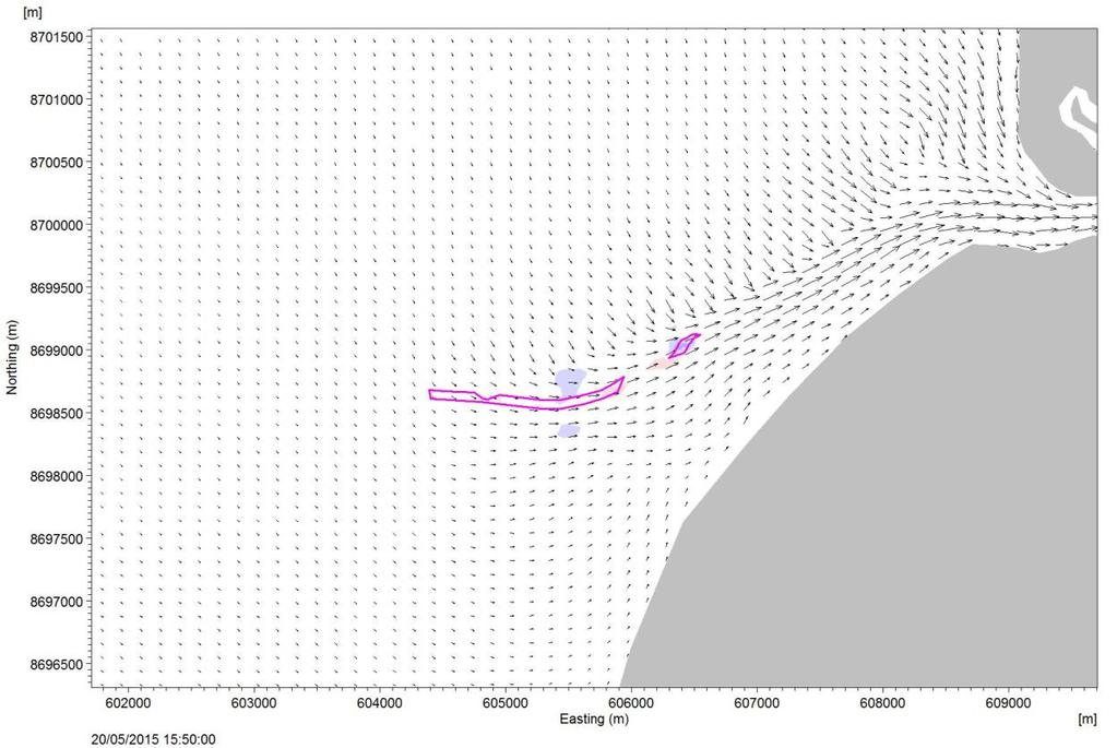 Time Series Location Figure 23 2D plot of the maximum difference in flood tidal currents within the Skardon River entrance between base and scheme bathymetric conditions.