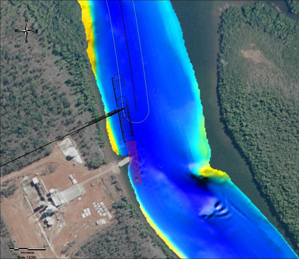 Figure 53 Predicted spatial pattern of near bed current speeds resulting from the proposed barges at the barge site (depth = 6.8m).