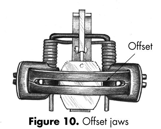 Offset, Laminated and/or Wide Jaws (Figures BC5, BC6, BC7) Inside jaw spread (at dog): 5 1 / 16 inches Inner width: 4 9/ 16 inches Inside width at jaw hinge posts: 5 1/ 16 inches Jaw width: 7 / 16