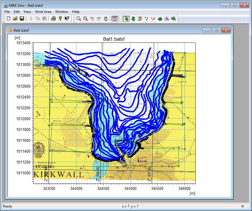 Creating the Bathymetry Figure 2.9 Working Area after import of land and water data The next step is to define the bathymetry.