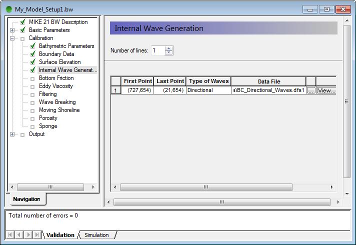 MIKE 21 BW Model Setup Editor As discussed in Section 3.3, internal wave generation is used in this case. The parameters and data are specified as shown in Figure 4.14.