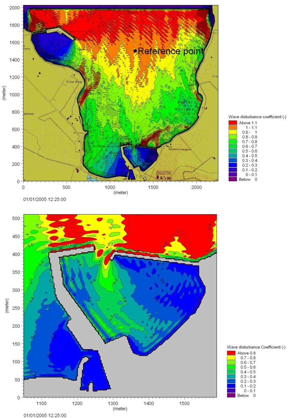 MIKE 21 Figure 5.9 Wave disturbance coefficients in the Bay of Kirkwall (upper panel) and in the Kirkwall Marina (lower panel).