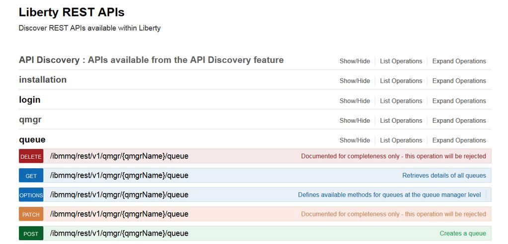 API discovery V9.0.1 Want to find out what is available in the MQ REST API, and don t want to read the KC?