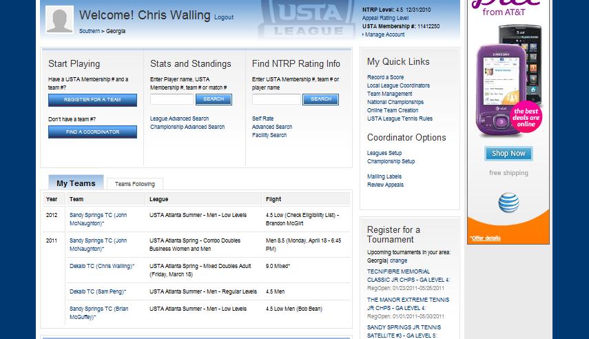 Welcome Page (once logged in) My Teams includes all the teams you are currently registered on (red arrow) Register for a Team allows you to register for a team using your USTA # and team # your