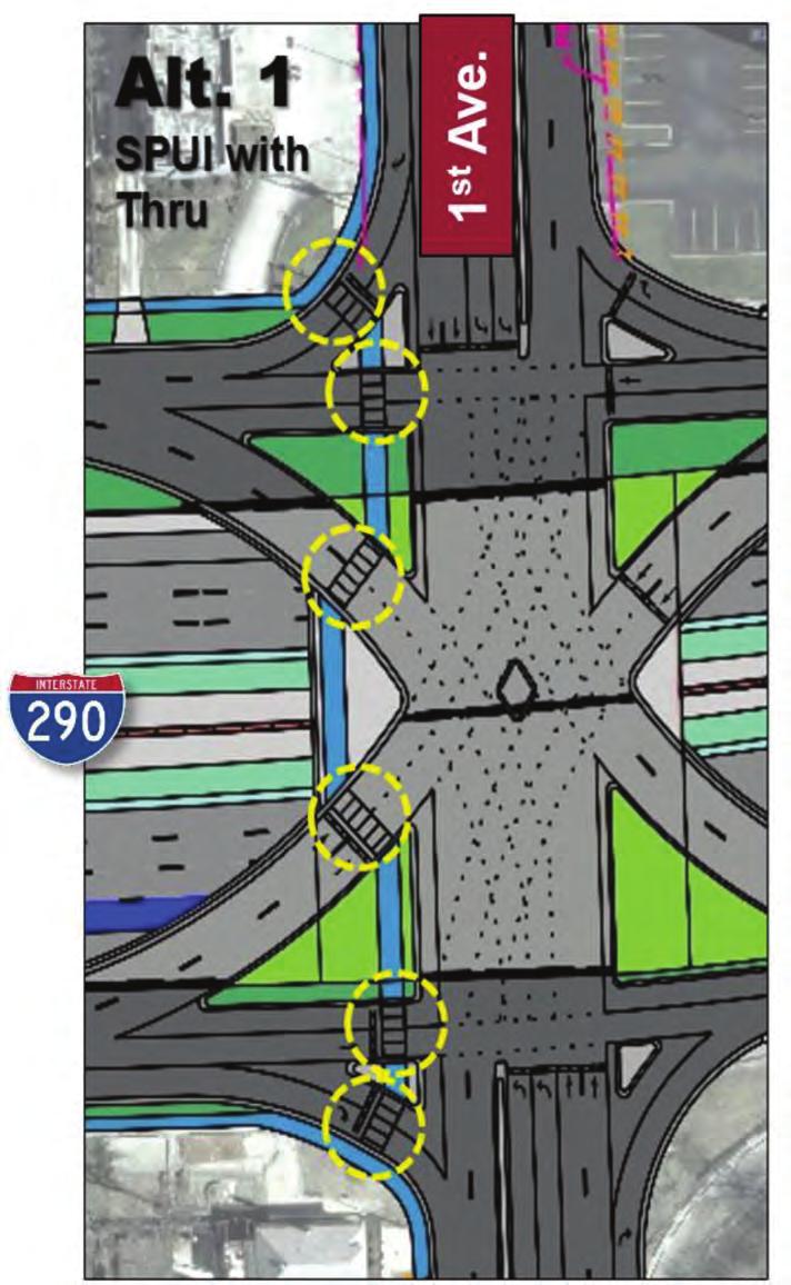 crossing points 4 Alternative 6 provides 31% better travel flow on 1st Ave.