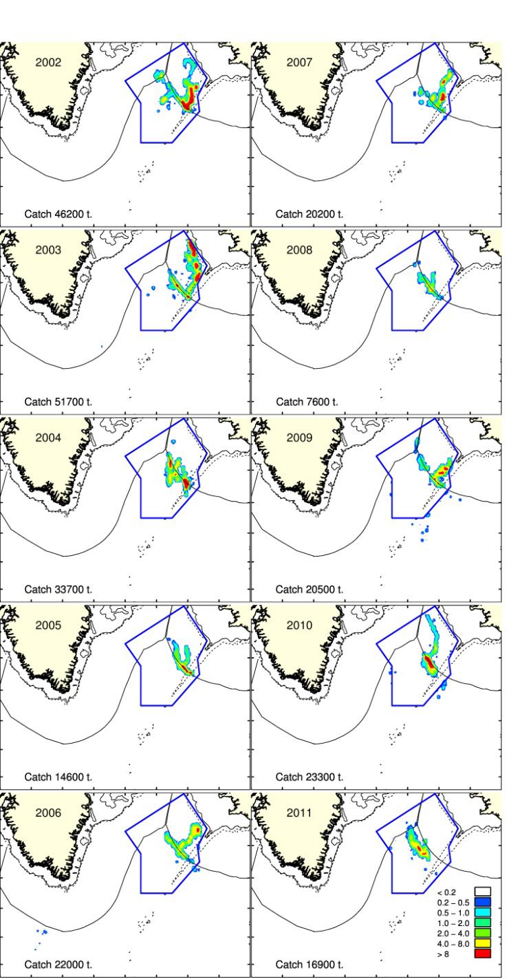 Figure 2.4.1.4 >5 m). Fishing areas and total catch of pelagic S. mentella from the recommended northeast management unit in the Irminger Sea and adjacent waters 22 211.