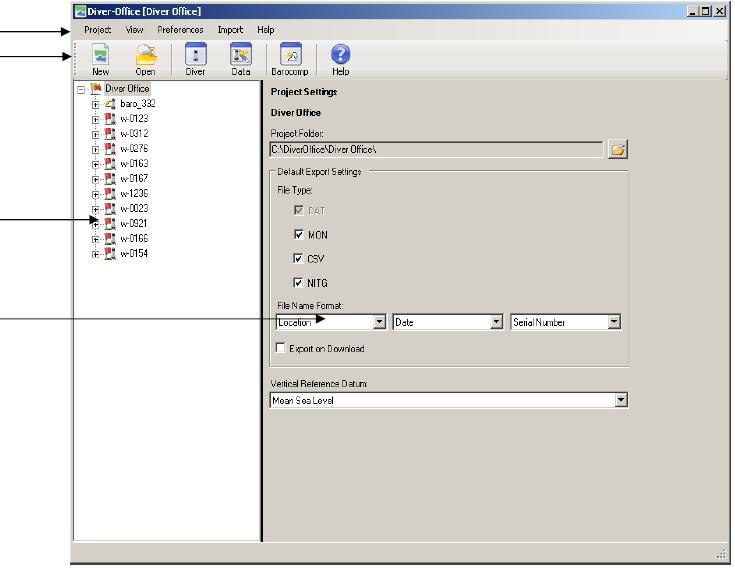1.2 Izgled pristupnog ekrana Diver-Officea Linija menija Linija alatki Stablo projekta Okvir sa detaljima Gore je prikazan tipičan prozor Diver-Officea. Posebno ćemo objasniti svaki njegov deo.