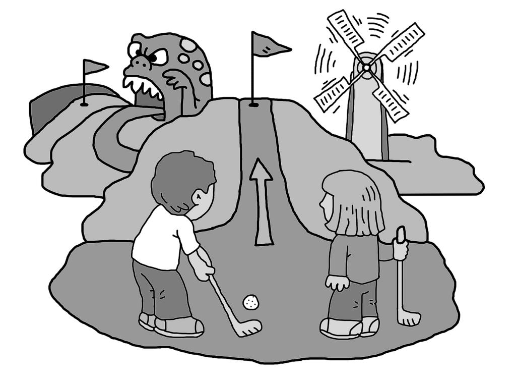 4 1 2 3 4 5 6 7 8 9 10 11 12 Chad and Lisa waited in line to play Unsolved Mysteries, the new miniature golf course. When they reached the counter, a clerk handed them balls and clubs.