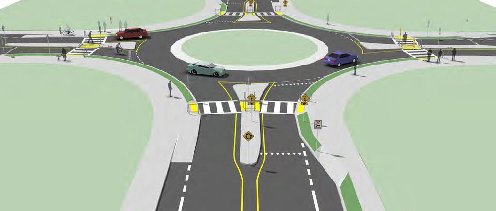 BICYCLISTS AT SINGLE LANE ROUNDABOUTS Roundabouts are circular intersection designed with yield control for all entering traffic, channelized approaches and geometry to induce desirable speeds.