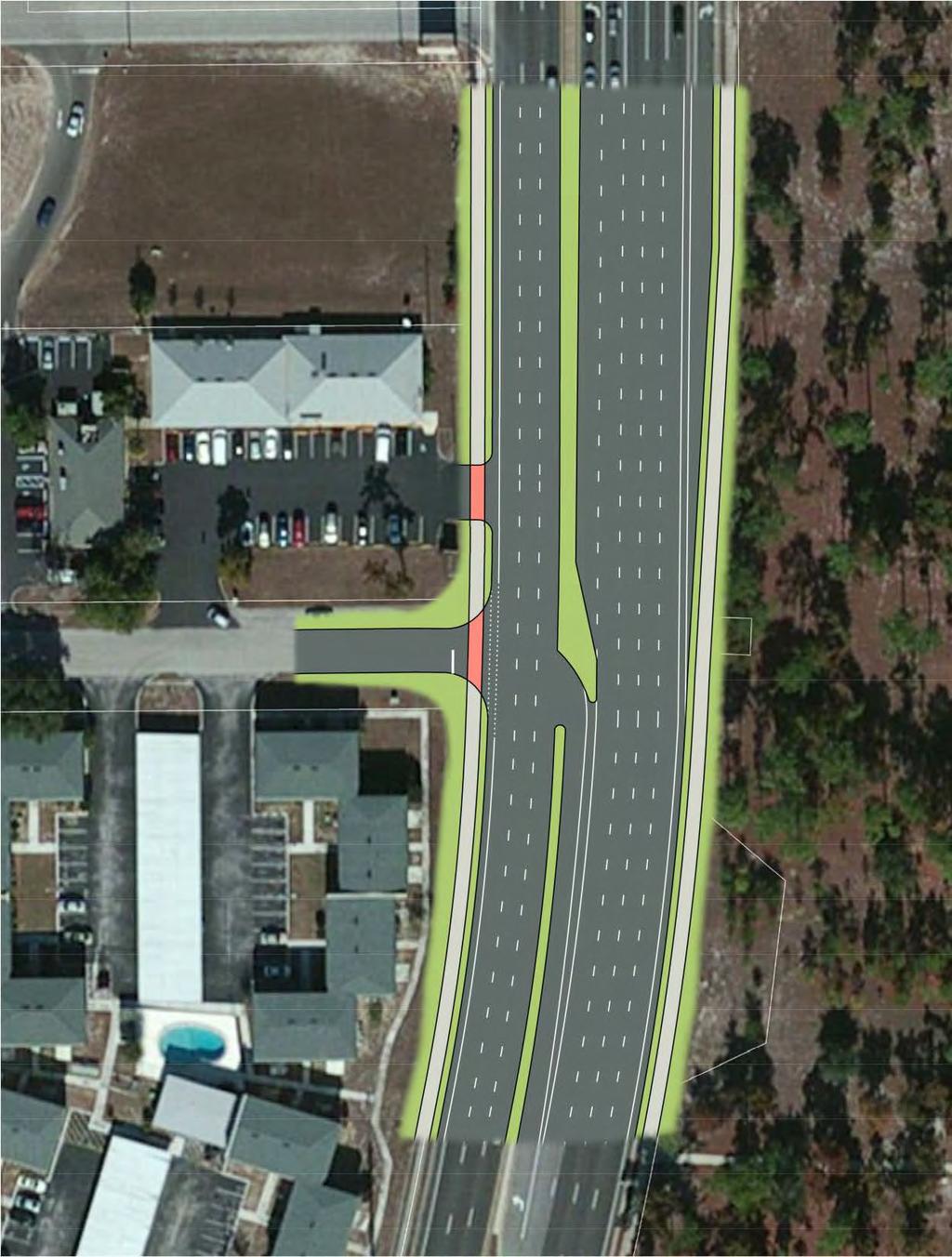Typical Minor Road/Driveway Intersection with Reduced Turn Radii and Crosswalk Treatment Reduce turn radii on all corners to a maximum of 25