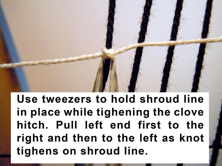 Opposite if left handed. Image H. shows white line for clarity the proper knot tied with the X of the knot on top of the shroud line.