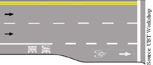 bicyclist doesn t have to shift significantly to the left. Motorists easily understand how to yield and merge across the BL to enter the RT lane just as they would merge across another traffic lane.