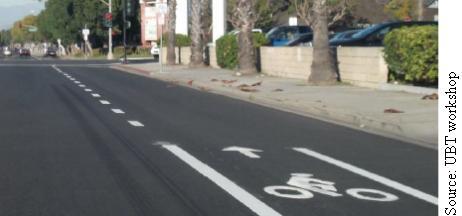 Where the curb line varies, a right buffer can help the BL (and bicyclist) maintain a consistent position in the road, preventing curb diving (Fig 11).