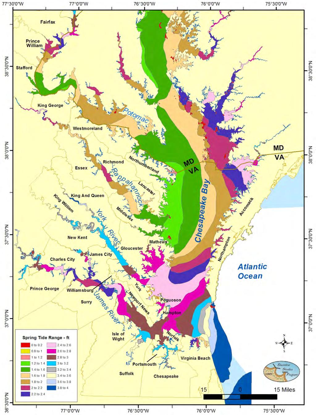 Figure 1-4. Great diurnal (spring) tide ranges in Chesapeake Bay.