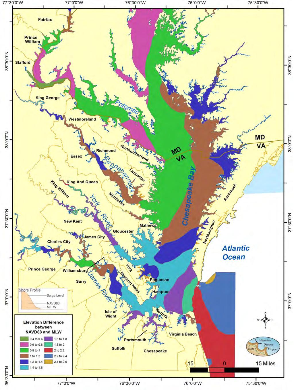 Figure 2-6. Map depicting the elevation difference between NAVD88 and MLLW in Chesapeake Bay. Data calculated using NOAA s VDATUM grids.