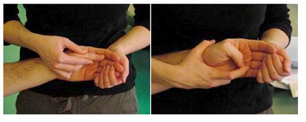 Thumb Bend (flexion) Hand positions: Place one hand under palm and hold thumb near its base. (same as for Web Stretch).