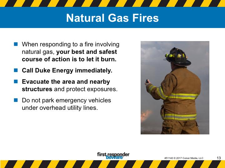 Natural gas fires. Burning natural gas poses special risks and requires extra precautions. When responding to a fire involving natural gas, your best and safest course of action is to let it burn.