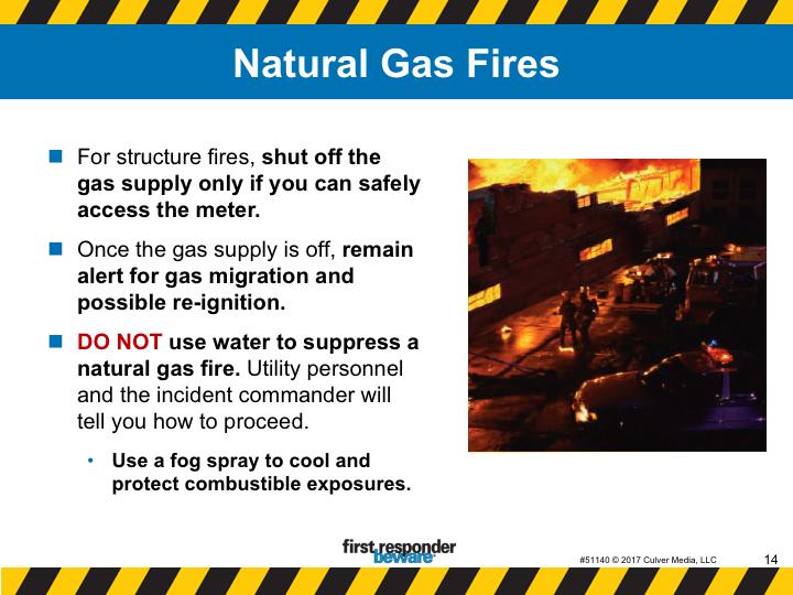 Natural gas fires. Special procedures should be observed when attempting to contain or suppress burning natural gas.