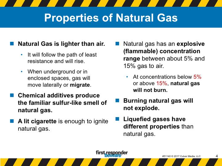 Properties of natural gas. You will someday have to deal with natural gas at an incident scene. So, it s important to know a few basic facts about natural gas, its properties, and how it behaves.