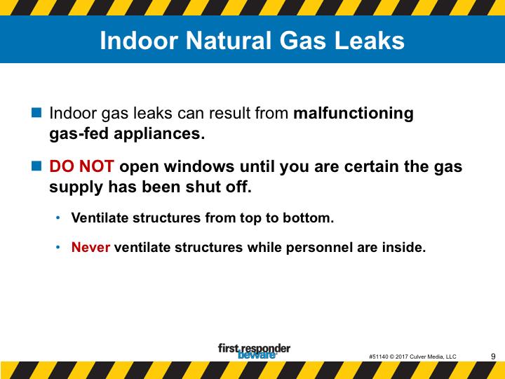 Indoor natural gas leaks. There are some additional procedures for natural gas leaks that occur indoors. Indoor gas leaks can result from malfunctioning gas-fed appliances.