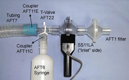 syringe AFT11C coupler Connects to SS11LA transducer, on the "Inlet" side AFT22 non-rebreathing T-valve AFT11E coupler AFT7 tubing Gas-System2 inlet (back side) AFT11C coupler AFT22