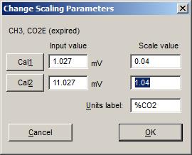 O 2 Per Setup, the chamber should have been flooded with ambient air prior to O 2 calibration! 1. Click the wrench icon for CH 2. 2. Click the Scaling button. 3. Click the Cal2 button. 4. Enter 20.