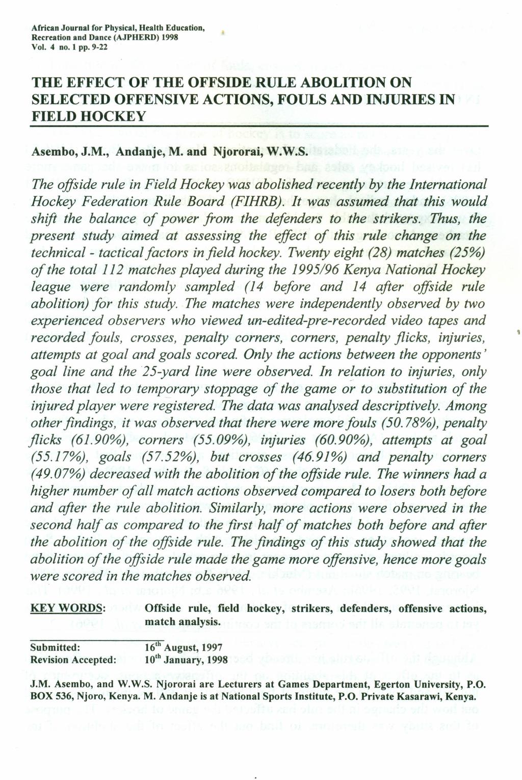 African Journal for Physical, Health Education, Recreation and Dance (AJPHERD) 1998 Vol. 4 no. I pp.