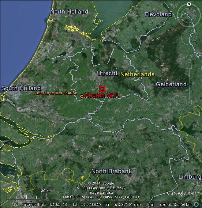 The following figure shows the location of the reference met station and the Houten Wind Farm site. Figure 4. Location of the reference met station and Houten Wind Farm site.