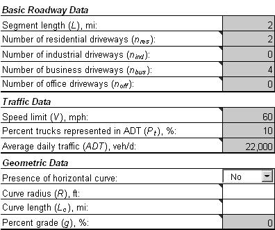 Exercise 1: Rural Highway Given Rural four-lane highway segment No crash data available Lane width: 11 ft Length: 2 mi Driveways: 2 res, 4 bus Speed
