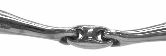 Snaffle bit with double-jointed mouthpiece.