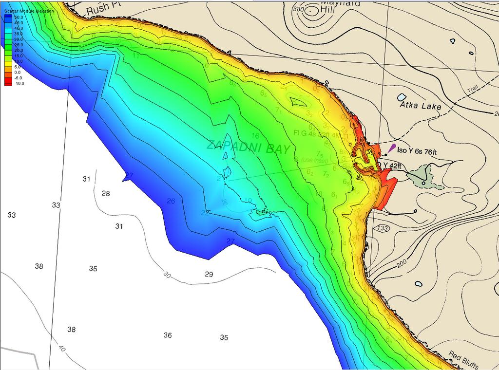 Figure A-8: St. George shoreline and bathymetry, detail from NOAA chart 16381 with contour shading from NOS digital bathymetry and 2013 multibeam survey data.