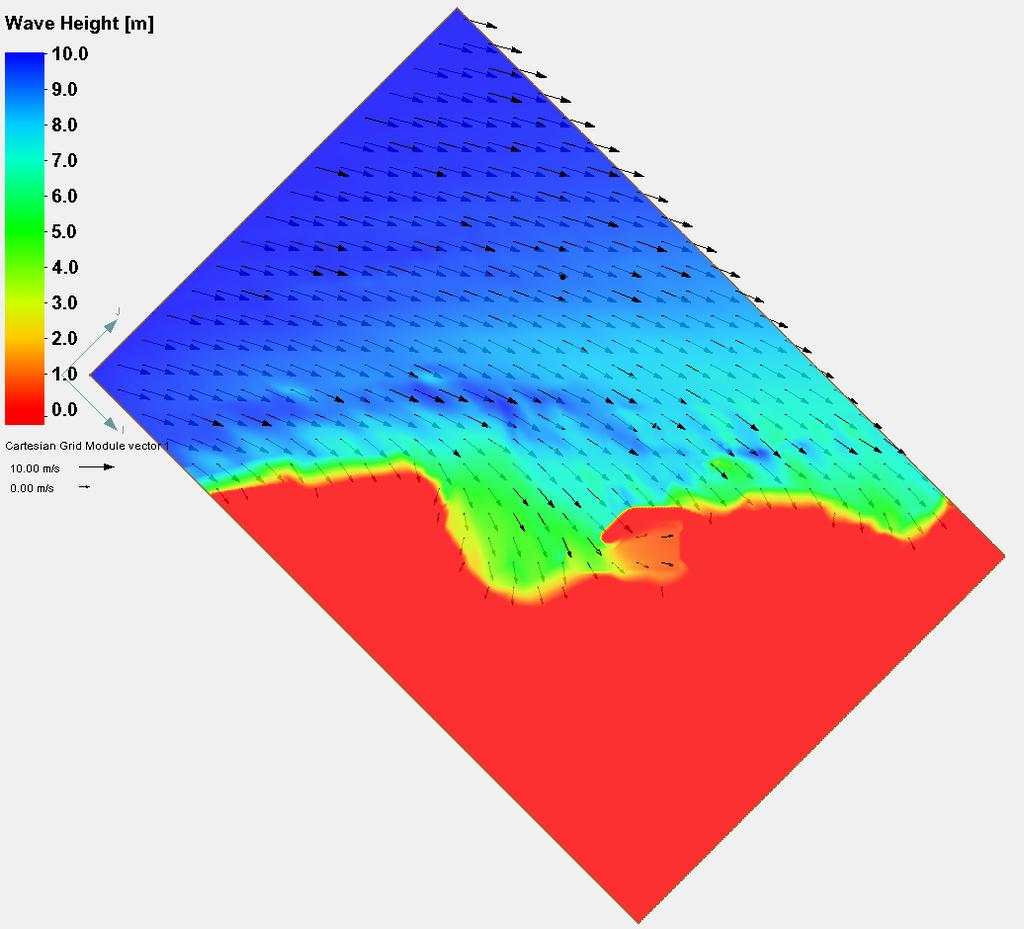 Figure A-29: STWave results for Hm0 = 10 m and Tp = 12 s. Bathymetry representing the proposed harbor location was added to show directional effects around the proposed harbor entrance. 4.