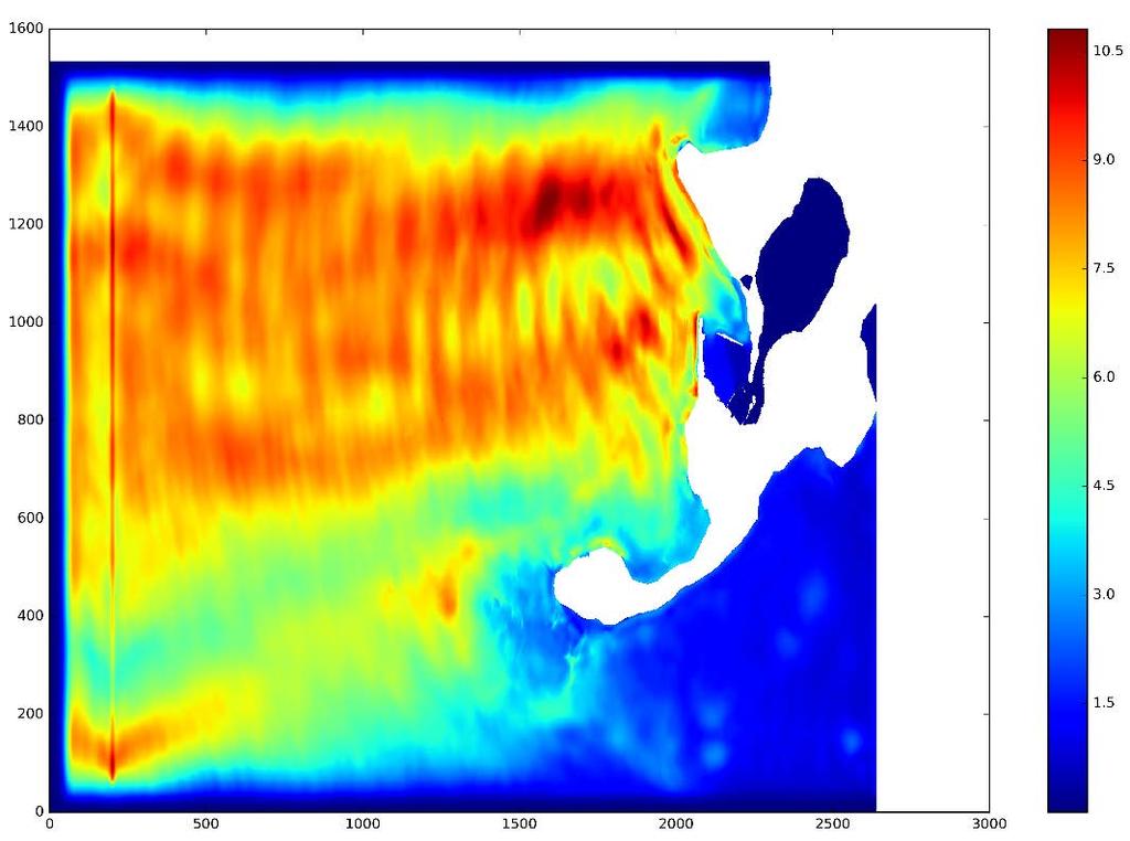 Figure A-33: St. Paul Harbor FUNWAVE model domain. The domain includes the harbor and the Salt Lagoon to the north of St. Paul. Use of sponge boundaries improved expected model output significantly.