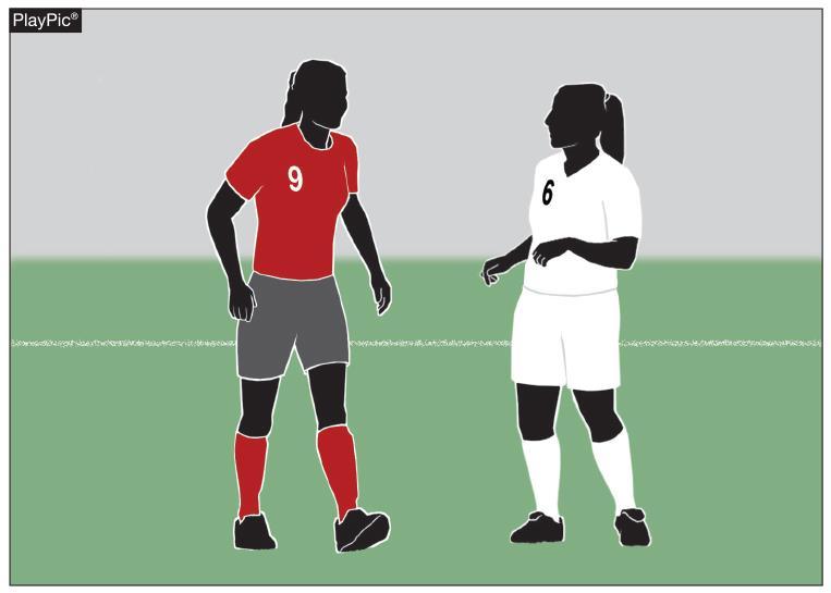 colored jersey (clear contrast to white) and dark socks; Player B is a part