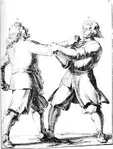 The third Throat-hold. K grips the throat of L, as in the previous plate. L again joins both hands, and strikes sideways against the elbow of K, breaking his hold.