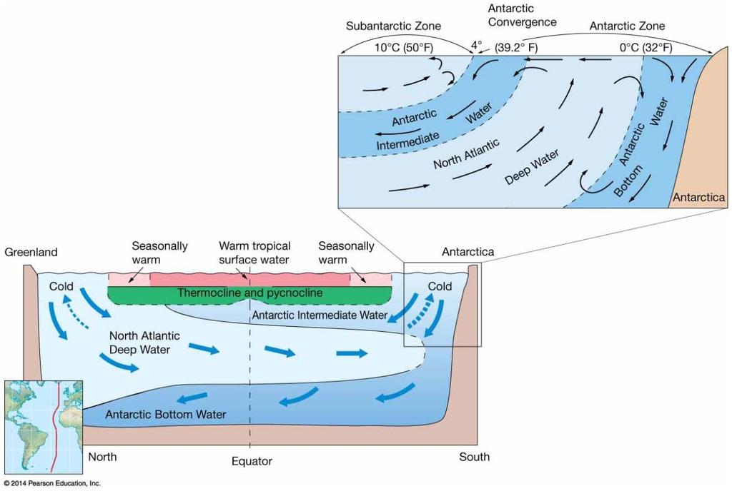 Figure 10.18. Cross-section of the Atlantic showing thermohaline flow.