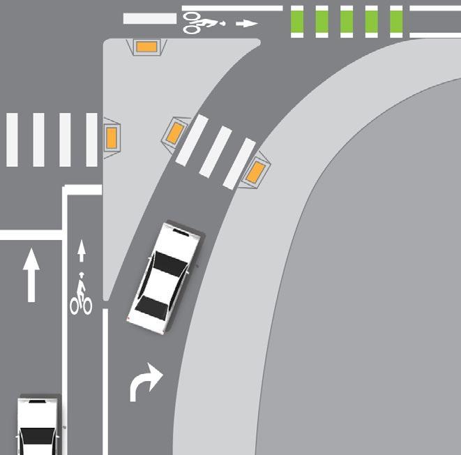 The provision of a channelized right-turn lane is appropriate only on signalized approaches where right-turning volumes are high or large vehicles frequently turn and conflicting pedestrian volumes
