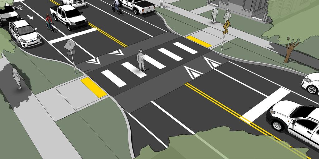 Raised Crosswalks A raised crosswalk or intersection can eliminate grade changes from the pedestrian path and give pedestrians greater prominence as they cross the street.